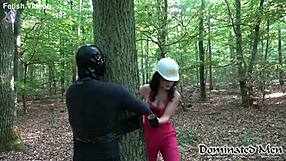Construction manager dominates perverted trainee with strapon in outdoor bondage