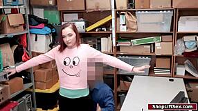 Teen shoplifter bends over to suck officer's thick cock in office