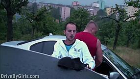 Girls bend over car window asses exposed for public gangbang orgy fucking