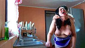 Stepmom moans loud topless while kitchen fuck rages!