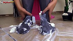 Brunette Pantyhose Footjob Cream Messy Heels Kink
