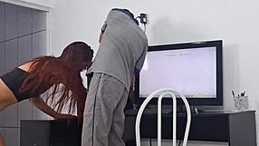 Naughty housewife flashes no panties to tech guy outdoor