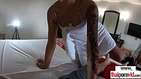 petite thai teen relaxes bent over her lover's big cock fully