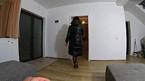 housewife mommy in shiny puffy jacket teases with dirty talk cum play on latina ass and feet