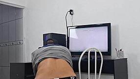 Naughty housewife flashes no panties to tech guy outdoor