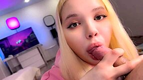 Daddy's cock gets sloppy close-up caress from adorable teen student!