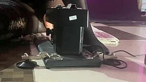 black milf slut rides huge pussy machine squirting wildly in homemade action