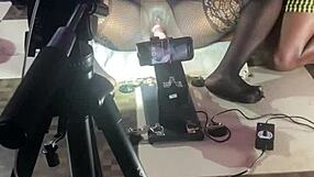 black milf slut rides huge pussy machine squirting wildly in homemade action