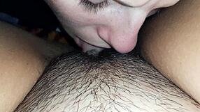 her hairy pussy cums hard as i hold her face tight between my knees