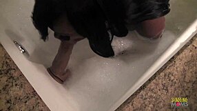 😈 ebony wife rides huge dildo in shower when hubby’s away big tits wet pussy cowgirl orgasm heels