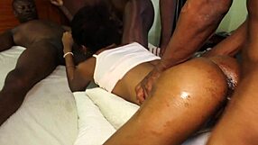 Chidinma bounces skinny frame on big black cocks doggystyle before facial cumshots in home group quickie.