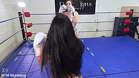 Foxy boxing fetish tall girl trades punches with small opponent in intense match