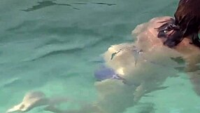 stepmom masturbates hairy pussy on beach for stepson creampie