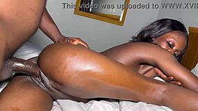 Petite ebony slut bent over riding big black cock doggystyle cum on ass.