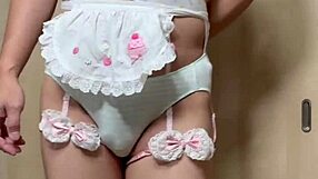 that cute japanese maid sniffs panties in office toilet.