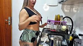 damn, this hot busty latina maid's huge pussy lips are pure temptation