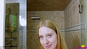 Bright-eyed blonde teen showers after daddy interview but mommy joins for wet petite massage!