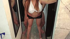 horny milf roommate fucks against mirror ends with cumshot in mouth