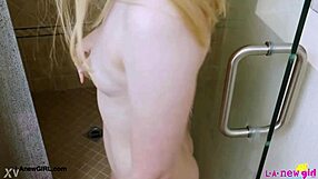 Bright-eyed blonde teen showers after daddy interview but mommy joins for wet petite massage!
