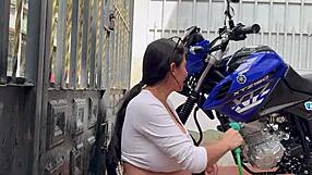 Pregnant Babe Washes Bike Then Rides Cock Cowgirl Style