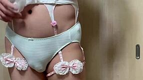 that cute japanese maid sniffs panties in office toilet.