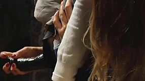 bent over, tied tight, i cum hard from her strapon pounding.