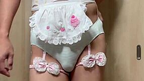 that cute japanese maid sniffs panties in office toilet.