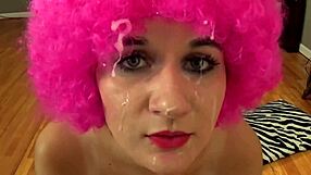 Girl In Bright Pink Afro Wig Fucked From Behind
