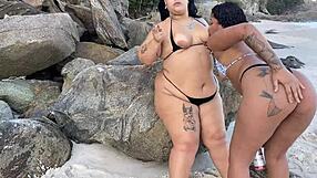 Amigas reunite at the beach and hook up publicly with some fun