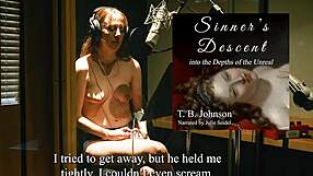 redhead reads story while topless backstage