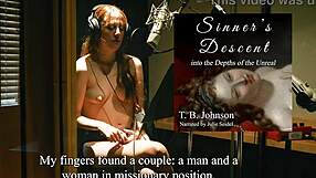 redhead reads story while topless backstage