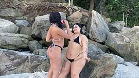 Amigas reunite at the beach and hook up publicly with some fun