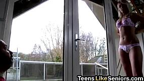 Fabulous blonde teen with glasses takes an old dick in her vagina