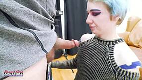 Blue Haired Nerd Masturbates Sucking Big Cock
