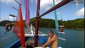 threesome on a boat with rough anal and cum