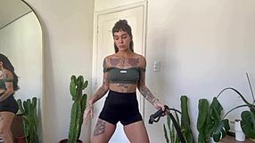 Inked girl rubber band workout warm up strength sfw yoga fitness