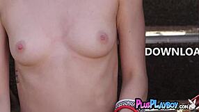 Sexy small tits teen poses outdoors during trip
