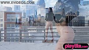 busty latina beauty shows her huge tits and big ass on a rooftop