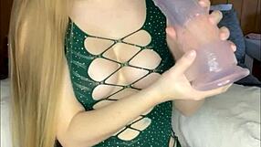 Petite amateur stretches on huge dildo
