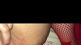 Latina in red bodysuit fingers her wet pussy