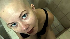 bald chick blows a dick in the club party restroom