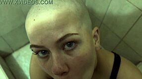 bald chick blows a dick in the club party restroom