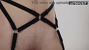 ffm threesome curvy tattooed girl jerks him off then rides cowgirl while blindfolded redhead listens