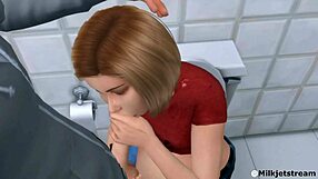 Cartoon scene with pregnant woman in bathroom