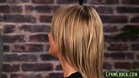 Clothed blonde spunks rod with hands