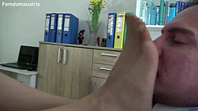 she ties him to office chair and presses nylon feet on his face