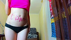 Brunette teen strips clothes for erotic pussy masturbation show