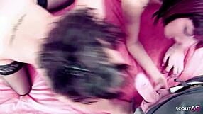 Two goth girls squirt hard in ffm sex
