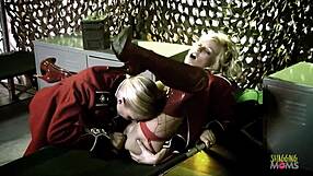 Bisexual women use dildo in group sex with soldiers