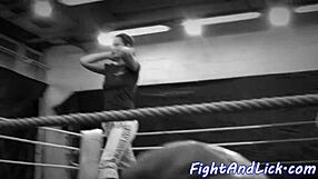 Naked lezzies wrestle in boxing ring
